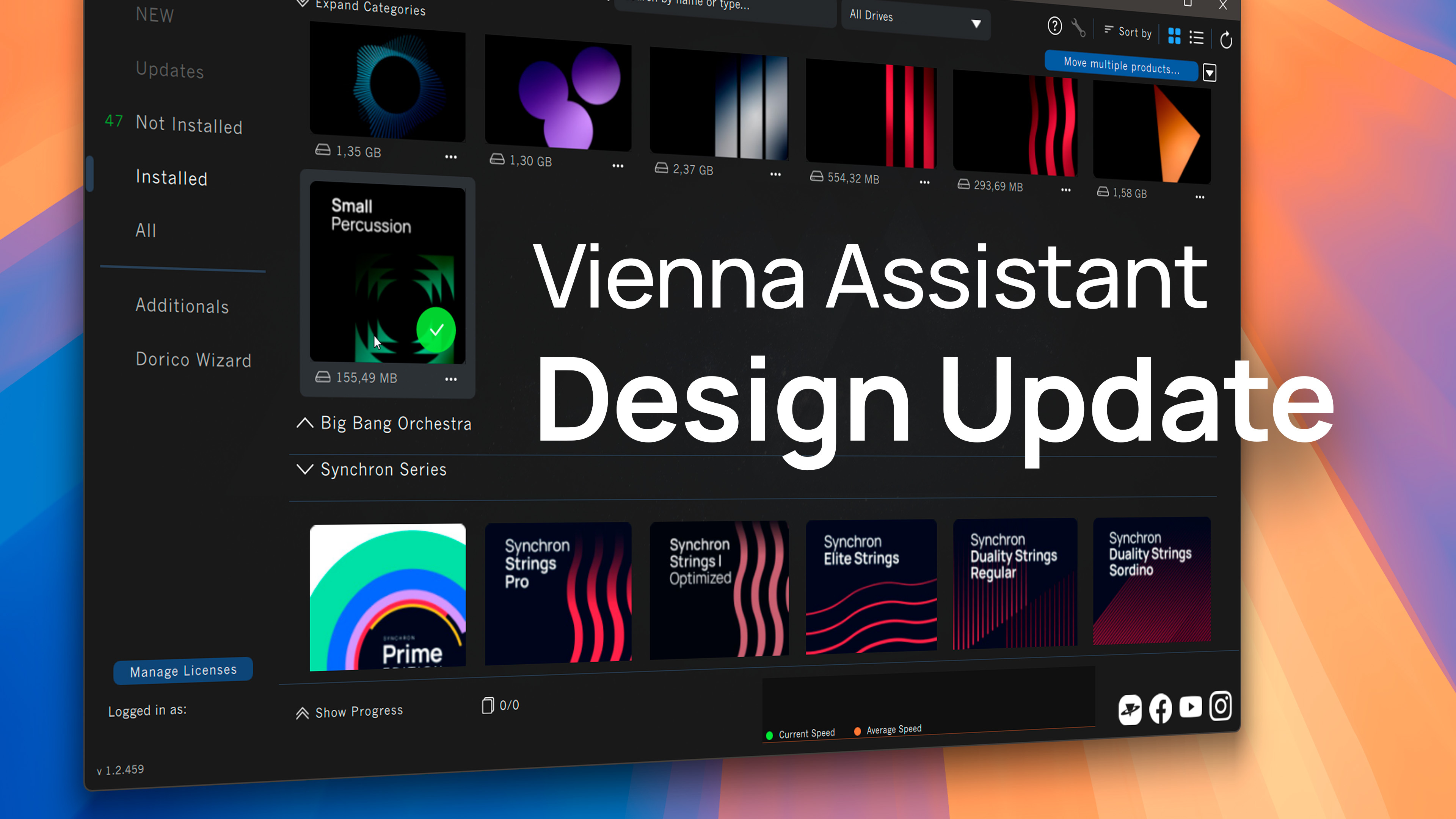 Vienna Assistant software interface with Design Update text, showcasing Small Percussion and Synchron Strings virtual instruments.