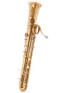 Golden F bass tuba musical instrument, full view.