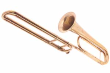 Kontrabassposaune in F, also known as a contrabass trombone, a large brass instrument with a slide and bell, isolated on a white background.