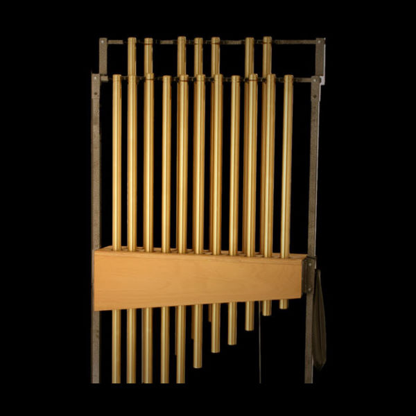 Röhrenglocken, also known as tubular bells or chimes, showcasing long brass tubes on a wooden and metal frame.