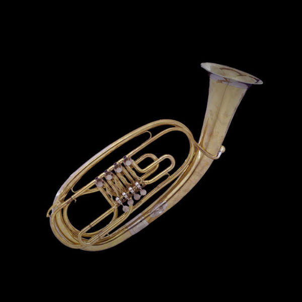 Golden Wagner tuba with valves and curved tubing, musical instrument on black background.