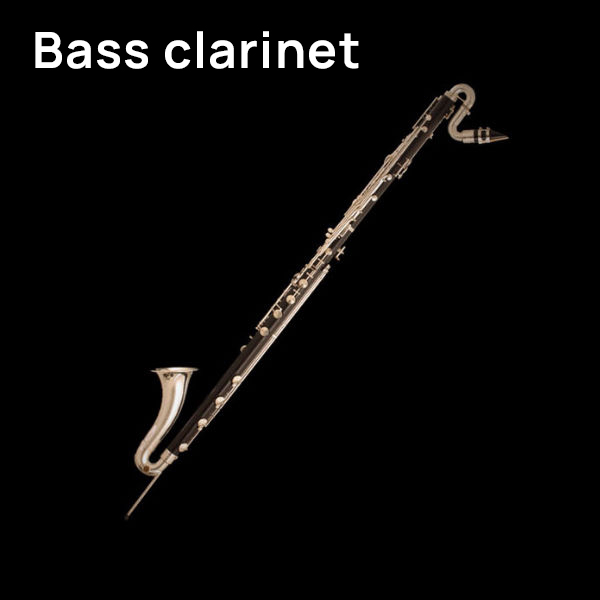 Bass clarinet musical instrument with black body and silver keys, showcasing its bell and curved neck against a dark background