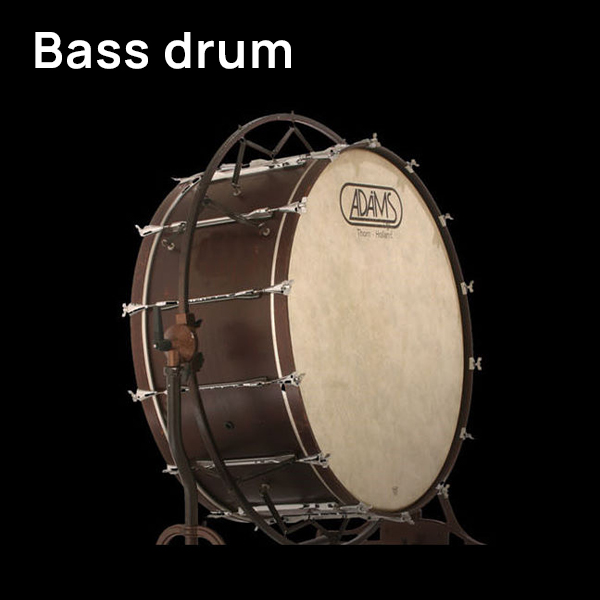 Adams concert bass drum on a stand, showcasing the drumhead, body, and mounting hardware against a black background.
