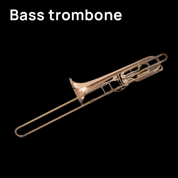 Full view of a shiny brass bass trombone on a black background, showcasing its bell, slide, and tuning mechanism.