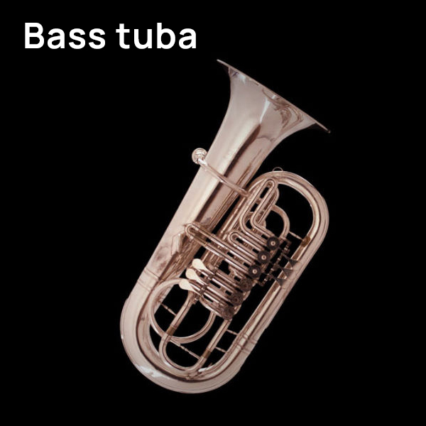 Silver-colored bass tuba instrument with valves and tubing on a black background