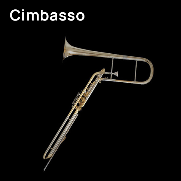 Gold-lacquered brass valved trombone with slide, an aerophone and brass wind instrument, on a black background.
