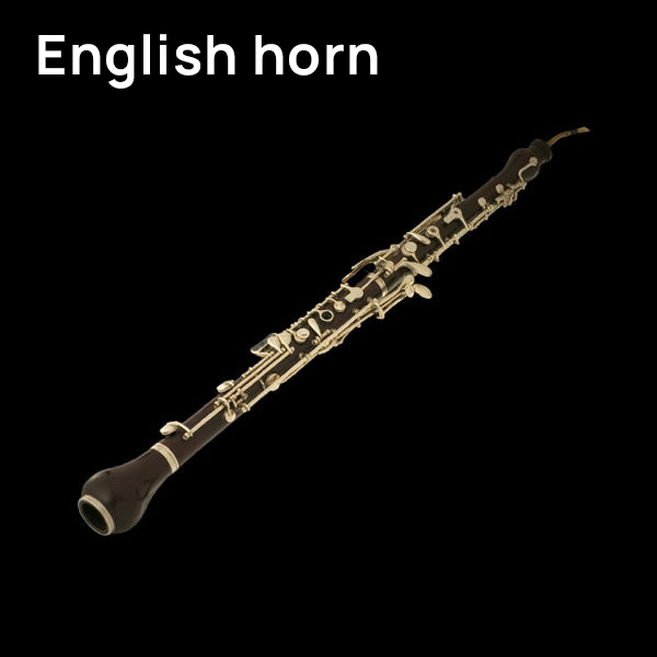English horn musical instrument with dark wood body and silver keys on a black background
