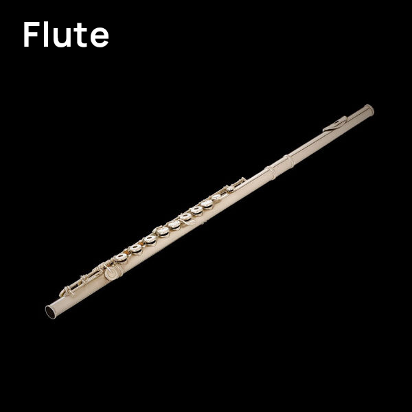 Silver concert flute on a black background, showcasing the instrument's keys and design.