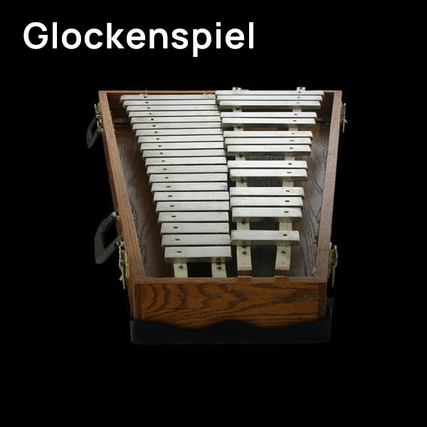 Glockenspiel musical instrument with two rows of metal bars in a wooden case, ideal for orchestral use and music education.