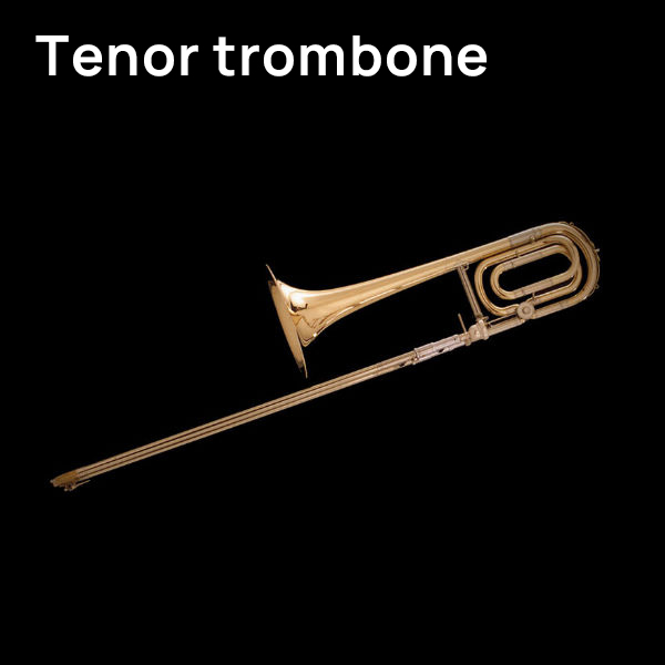 Shiny golden tenor trombone against a black background