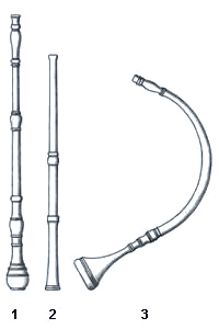 Three diagrams illustrating musical instrument components: 1 a straight, ornate section for an English horn, 2 a plain, straight section, and 3 a long, curved English horn bell.