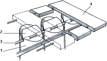 Detail diagram of vibraphone mechanics showing labeled parts: rotating fan resonators labeled 2, a long bar labeled 1, a rod labeled 3, and a mallet-struck bar labeled 4.