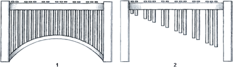 Vibraphone resonators, showing the open and closed views of the tubes that amplify sound.