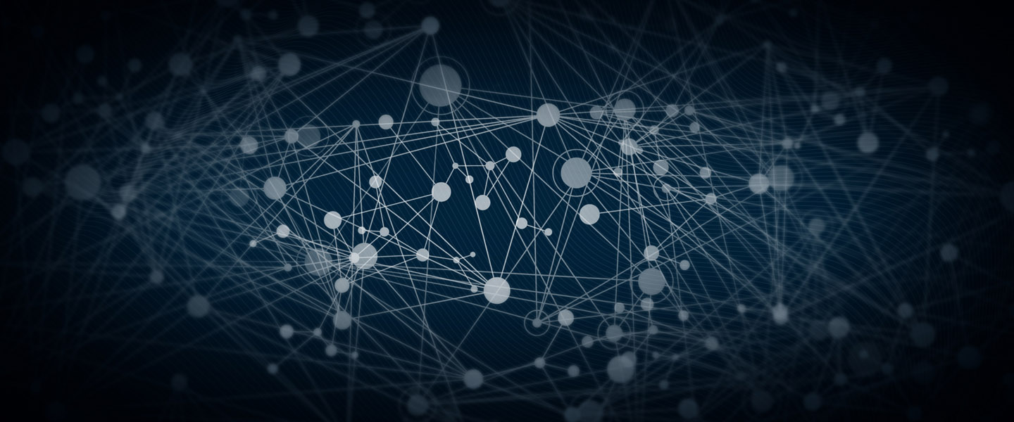 Abstract network of interconnected lines and dots on a dark blue background representing musical connections or digital distribution.