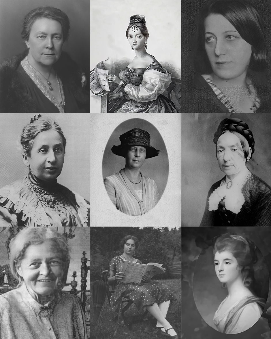 Black and white collage of nine historical women, representing social responsibility and diverse special projects.