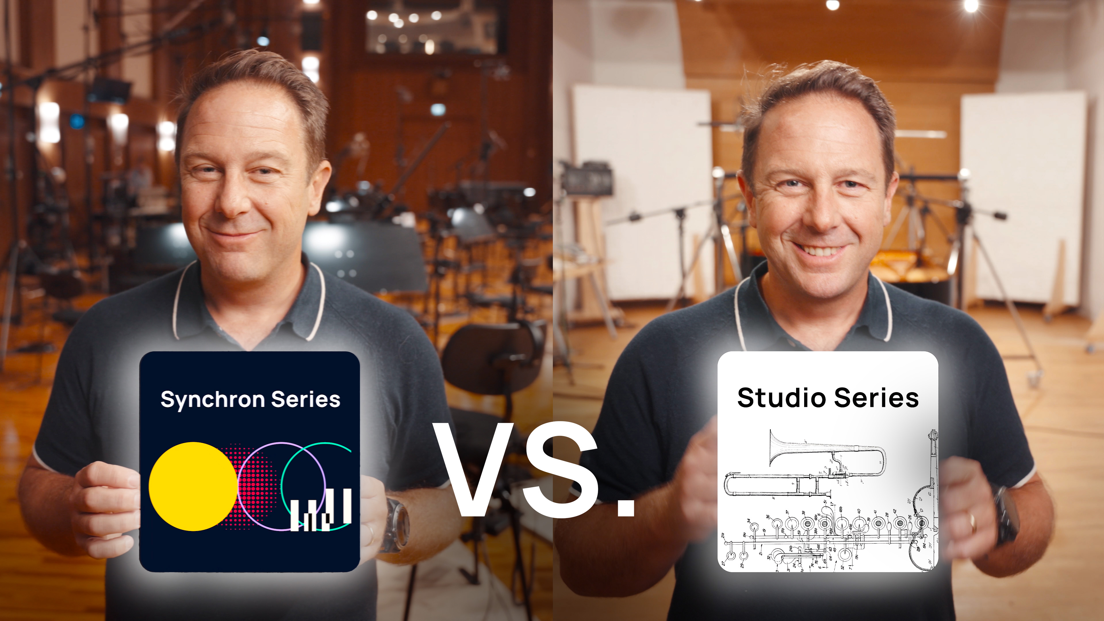 A smiling man presenting two product images, Synchron Series with colorful geometric shapes and Studio Series with a musical instrument illustration, separated by VS. in a music studio setting.