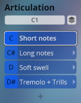 Digital interface showing music articulation options like short notes, long notes, soft swell, and tremolo + trills for Big Bang Orchestra Synchron Instruments.