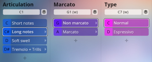 Screenshot of the Vienna Symphonic Library Synchron Instruments interface, showing controls for Articulation like Long notes, Marcato settings including Non marcato, and Type options such as Normal and Espressivo, for music production.