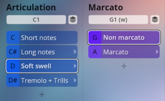 Software interface displaying articulation and marcato selections for Big Bang Orchestra virtual instruments, showing options like soft swell and non-marcato.