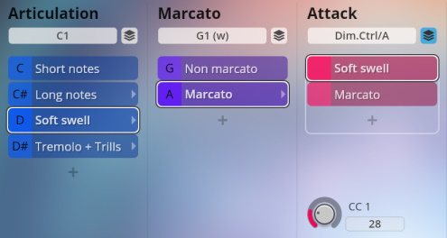 Vienna Symphonic Library Synchron Instruments interface showing articulation, marcato, and attack options for musical sound design, featuring selectable elements like Soft Swell, Marcato, Short Notes, Long Notes, and Tremolo Trills.