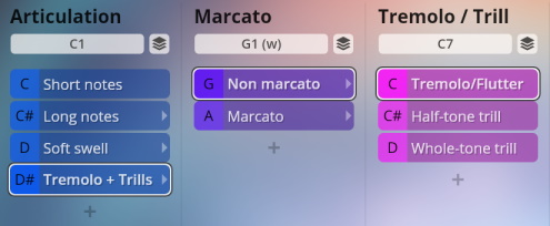 Vienna Symphonic Library Synchron Instruments interface showing articulation, marcato, and tremolo/trill settings.