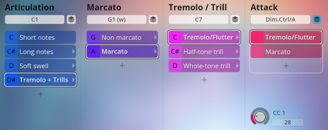 Vienna Symphonic Library Big Bang Orchestra Andromeda virtual instrument interface showing articulation, marcato, tremolo/trill, and attack settings for orchestral sound control.