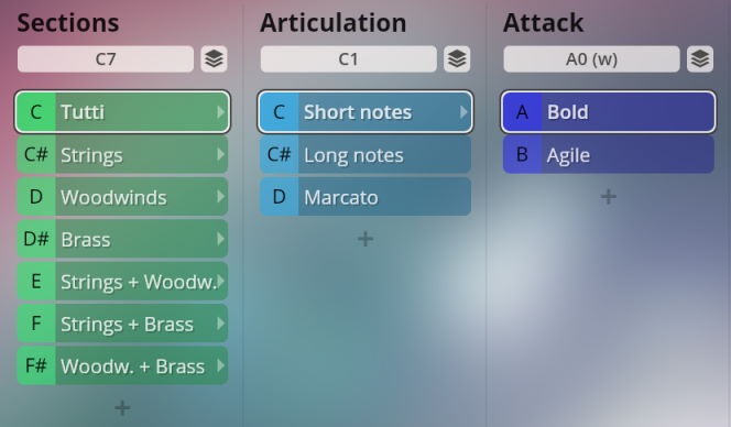 Graphical user interface for Vienna Symphonic Library's Big Bang Orchestra Altair virtual instrument, showing adjustable parameters for sections like Tutti, Strings, Woodwinds, Brass; articulations including Short Notes, Long Notes, Marcato; and attack types such as Bold and Agile, optimized for sound design and music production within the Synchron Instruments series.