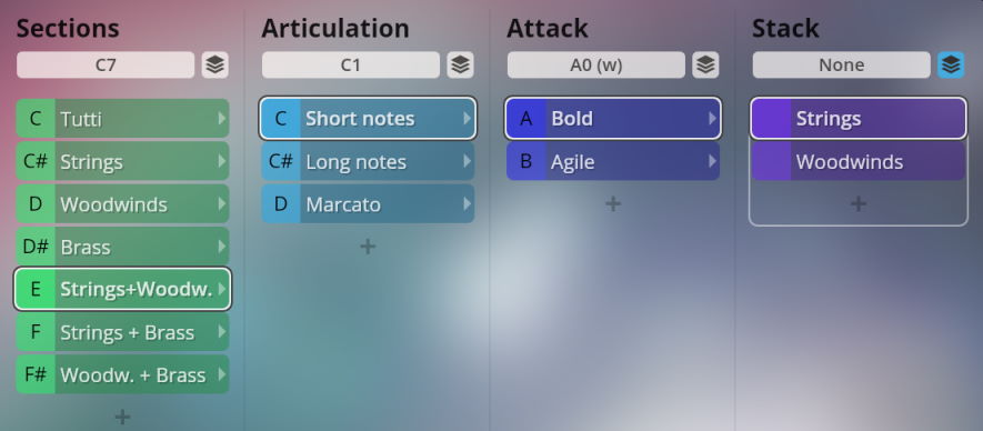 User interface for Vienna Symphonic Library's Big Bang Orchestra Altair, showing control sections for instrument selection, articulation, attack, and stack options to customize orchestral sounds.