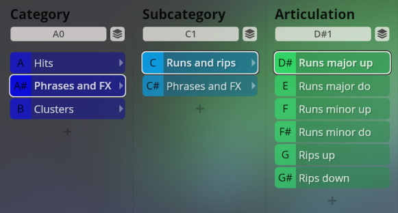 User interface showing Big Bang Orchestra sample categories for Phrases and FX, Subcategory Runs and Rips, and Articulation D# Runs major up.