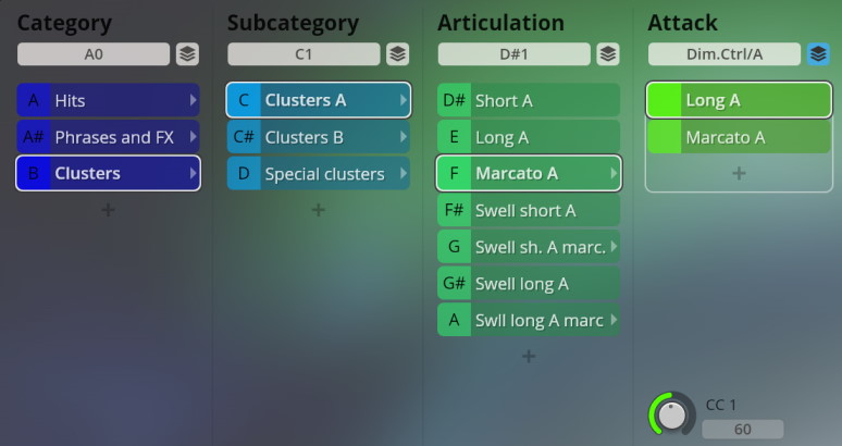 User interface elements show sound sample categories, subcategories, articulations, and attack settings for Vienna Symphonic Library's Big Bang Orchestra.