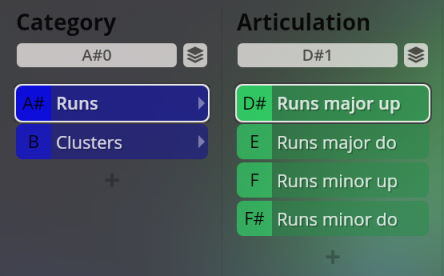 User interface showcasing Category and Articulation options for Big Bang Orchestra virtual instrument, displaying selections for Runs and various major/minor run articulations.