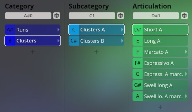 User interface controls for Vienna Symphonic Library Synchron Instruments: Category, Subcategory, and Articulation settings.