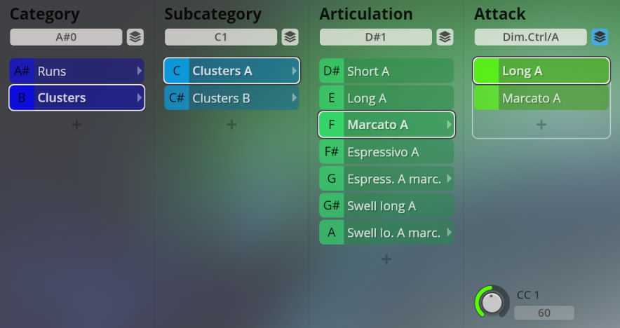 Screenshot of the Vienna Symphonic Library Synchron Instruments interface, showing categories like Runs and Clusters, subcategories like Clusters A and B, and articulation options including Short A, Long A, Marcato A, and Espressivo A. The Attack section highlights selected Long A and Marcato A options, with a CC1 control set to 60.