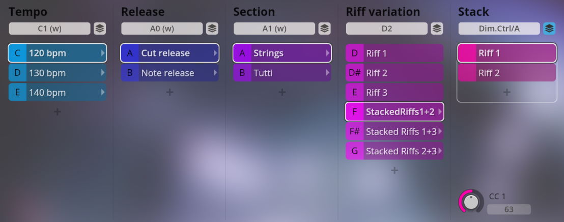 User interface for music software, displaying controls for tempo, release, section, riff variations, and stack, including BPM settings, instrument sections, and riff sequencing options, relevant to Vienna Symphonic Library Synchron Instruments.