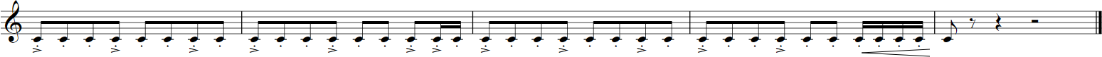 Musical notation showing a treble clef, multiple measures of stemmed sixteenth notes with accents indicating short, loud sounds, followed by a quarter note, an eighth rest, a sixteenth rest, and an end bar line.