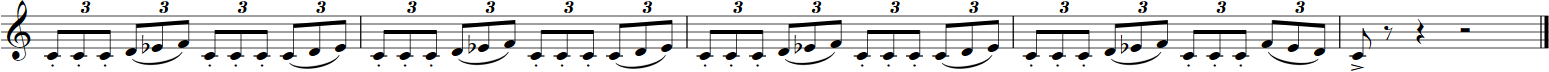 Musical notation displaying synchronized rhythms with a treble clef, multiple measures, and repetitions of the number 3 indicating triplets, representative of an orchestral score.