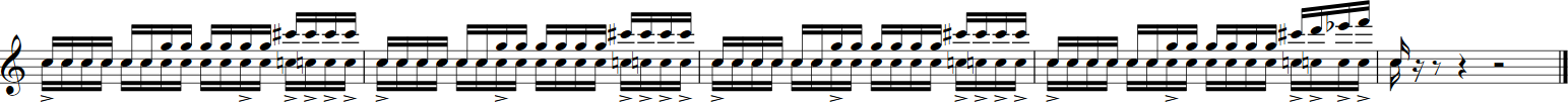 Musical notation showing a bass clef, quarter notes, eighth notes, sixteenth notes, a sharp, a flat, and rhythmic patterns for percussion.