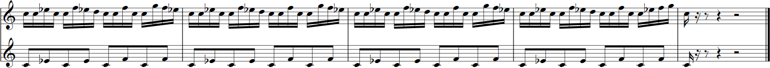 Musical notation for Big Bang Orchestra: Capricorn, showcasing two staffs with G-clefs, various notes including eighth and sixteenth notes, rests, and horizontal beaming.