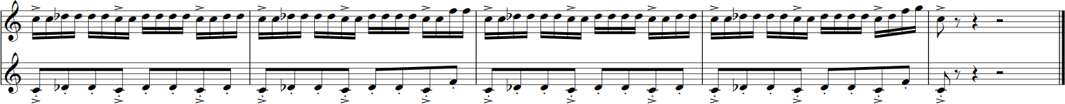 Big Bang Orchestra Capricorn music score displaying two staves with numerous sixteenth notes, eighth notes, and rests, indicating complex orchestral arrangements for Vienna Symphonic Library Synchron Instruments.