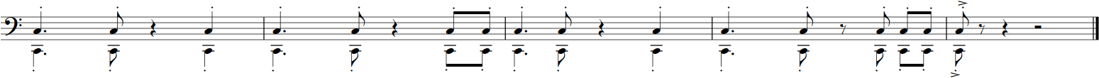 Music notation showing a bass clef and orchestral rhythm patterns with various eighth and sixteenth notes and rests, typical of Big Bang Orchestra: Capricorn.