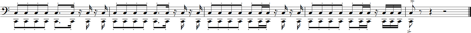 Musical notation: a bass clef staff with multiple measures of eighth notes, sixteenth notes, and rests, depicting a rhythmic pattern for an orchestra, likely part of the Big Bang Orchestra Capricorn library.