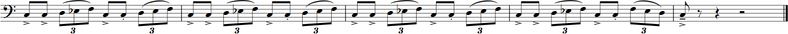 Bass clef musical score demonstrating a repeating rhythm pattern with three eighth notes followed by a quarter note, slurs, accent marks, and a final measure with a quarter rest and double bar line, illustrating part of the Big Bang Orchestra Capricorn musical sample.