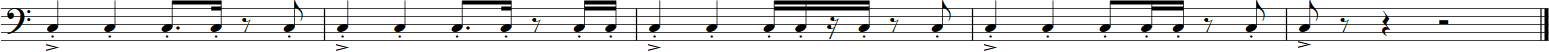 Musical notation showing a bass clef, quarter notes, eighth notes, accented staccato notes, and rests, illustrating elements of the Big Bang Orchestra sound within the Vienna Symphonic Library.