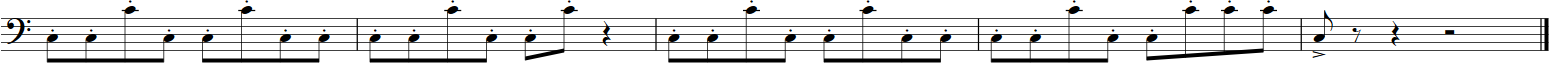 Musical notation showing a bass clef, eight measures of rhythmic patterns with mostly eighth notes, sixteenth notes, and rests, indicating a bass line.