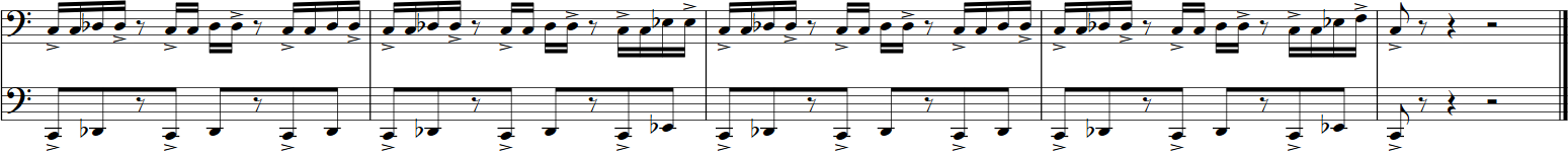 Musical notation for the Big Bang Orchestra Capricorn, with two staves in bass clef showing staccato eighth-note rhythms and rests.