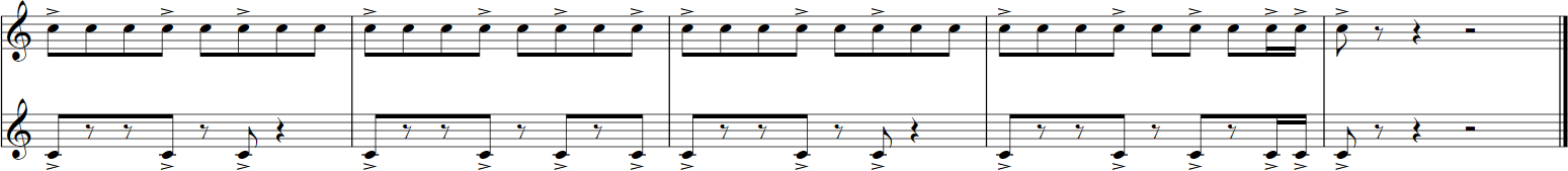Musical notation showing two staves of percussion score, Big Bang Orchestra Synchron Instruments example, featuring repeated sixteenth notes with marcato accents and rests, culminating in a double bar line.