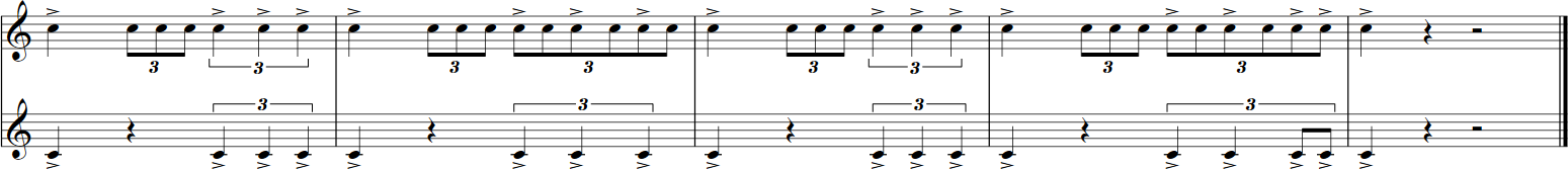 Musical notation excerpt, showing bars with triplets labeled '3', marked accented notes, and rests, illustrating rhythm or articulation for the Big Bang Orchestra Capricorn.