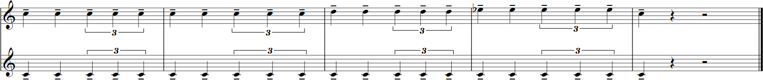 Musical notation with two staves, each showing three sets of eighth-note triplets, followed by two sets of 16th-note triplets, and ending with a sixteenth rest and a double bar line, representing a synchronized orchestral rhythm and percussion pattern for Big Bang Orchestra.