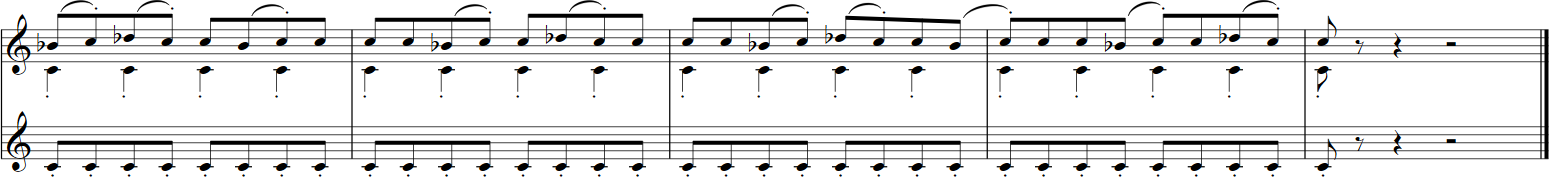 Music notation, demonstrating a simple musical phrase with notes and rests on a two-stave score, possibly for the Big Bang Orchestra Capricorn.