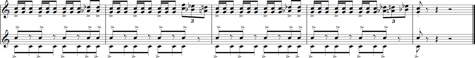 Musical notation for Big Bang Orchestra: Capricorn showing three staves with notes and rests, including treble and bass clefs, and volume markings.